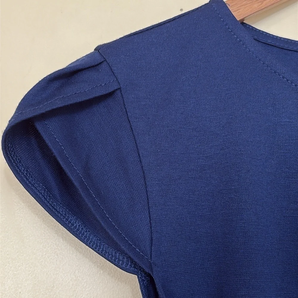 Manydress | NWT Navy Blue Cap Sleeve Belted Unlined Midi Dress Medium - Picture 9 of 14
